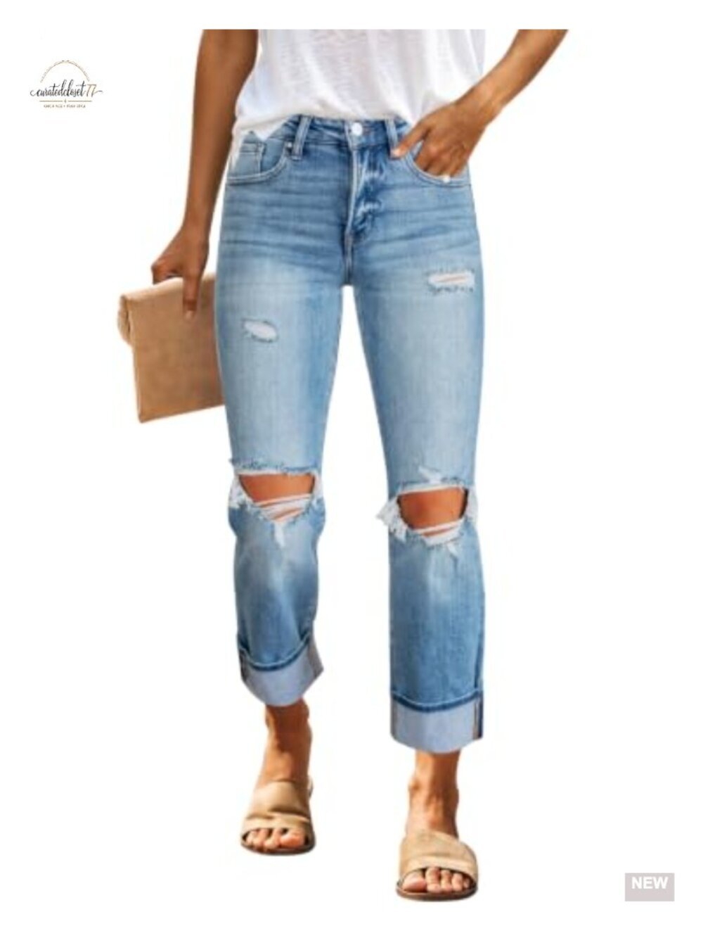 Boyfriend Ripped Mid Waisted Distressed Stretchy Jeans Ankle Crop Casual